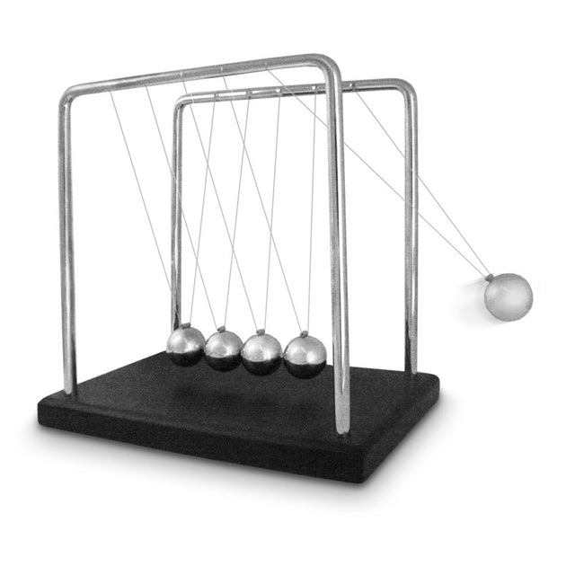 Gleaming metal Newton's Cradle illustrating Newton's laws of motion, perfect as a desk accessory or educational tool.