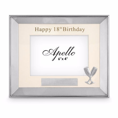 Elegant 18th birthday photo frame showcasing memories, featuring a classic silver plate for engraving and versatile display options.