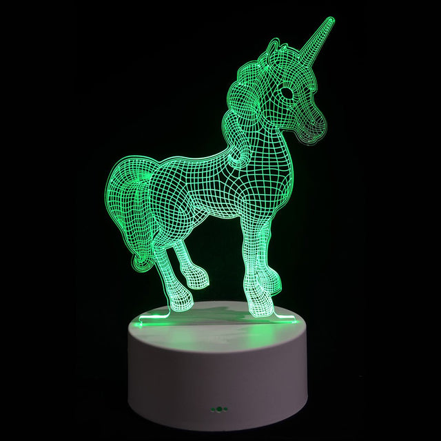 Colorful unicorn LED night light with touch-sensitive button, 7 colors, USB or battery powered, perfect for kids' rooms.