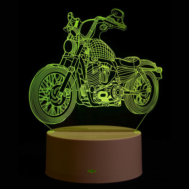 LED night light in motorbike design, featuring 7 colors and touch-sensitive control, perfect for kids' rooms or decor.