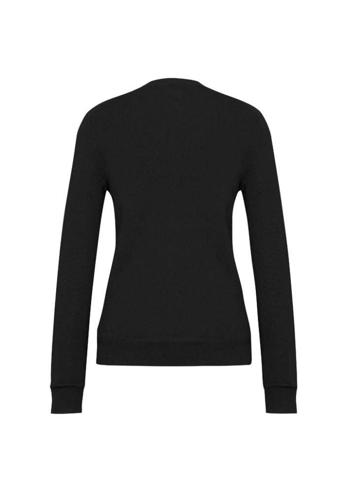 Ladies black V-neck pullover in size S, featuring ribbed neckline and cuffs, crafted from soft, breathable fabric.
