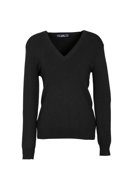 Ladies V-Neck Pullover in black, size 2XL, featuring a ribbed neckline and a durable blend of Viscose and Nylon for comfort.