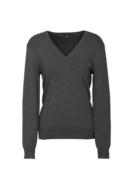 Charcoal Ladies V-Neck Pullover in Size 2XL, featuring a soft blend, ribbed details, and machine washable for easy care.