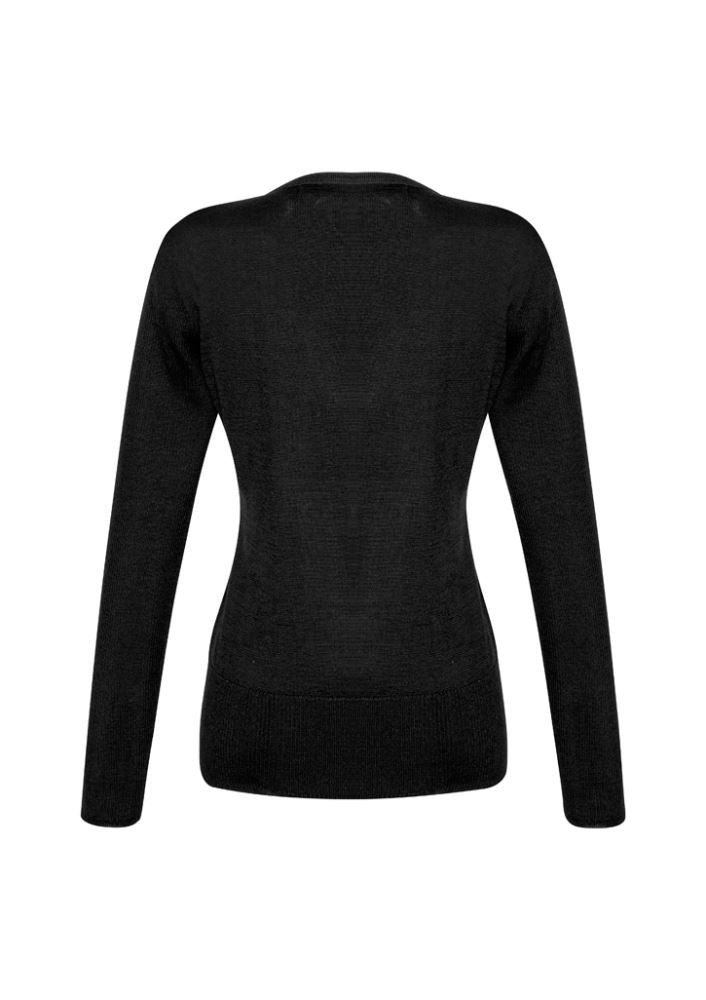 Ladies Milano Pullover in black, size L, featuring a slim fit, longer hip length, and ribbed details for elegant layering.