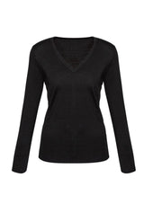 Ladies Milano Pullover in black, size L, featuring a slim fit, ribbed details, and made from a cozy wool-acrylic blend.