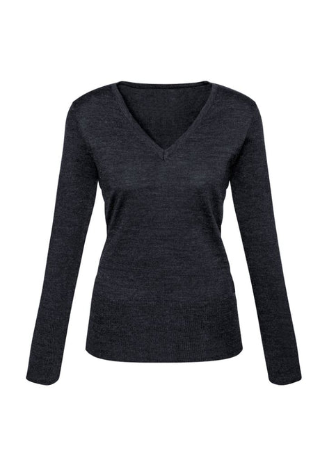 Ladies Milano Pullover in charcoal, size M, featuring ribbed details and a flattering hip-length fit for stylish layering.