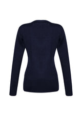 Navy Ladies Milano Pullover from Biz Collection, made of wool-acrylic blend, featuring ribbed details and longer hip length, size M.