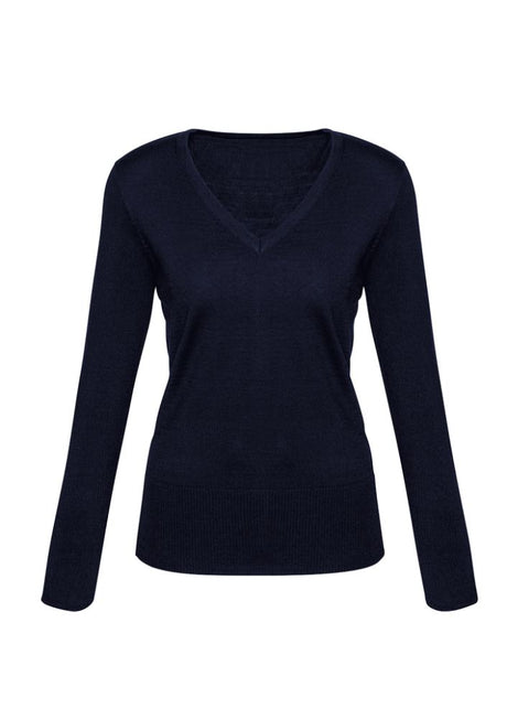 Ladies Milano Pullover in navy, size L, crafted from wool and acrylic, featuring ribbed details and longer hip length for stylish comfort.