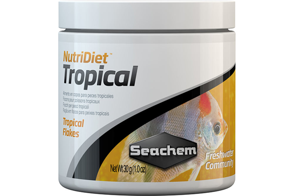 NutriDiet Tropical Flakes 30g for tropical fish, enriched with GarlicGuard and Vitamin C for optimal health and vitality.