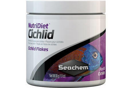 Seachem NutriDiet Cichlid Flakes 30g, premium fish food for vibrant cichlids, enriched with GarlicGuard and essential nutrients.