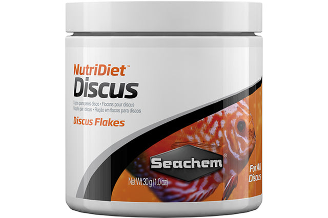 Seachem NutriDiet Discus Flakes in a 30g package, featuring protein-rich formula for optimal discus health and vibrant colors.