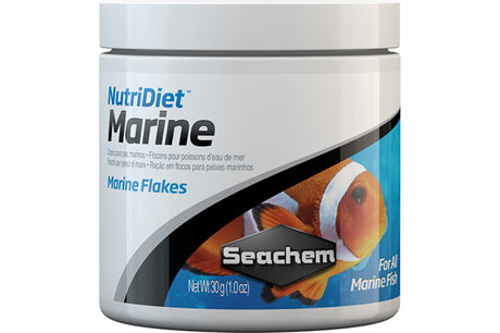 Premium Seachem NutriDiet Marine Flakes (30g) with high protein, vitamins, and GarlicGuard for vibrant, healthy marine fish.