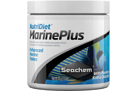 Seachem NutriDiet Marine Plus Flakes 30g, premium fish food with marine protein, vitamins, and probiotics for healthy marine fish.