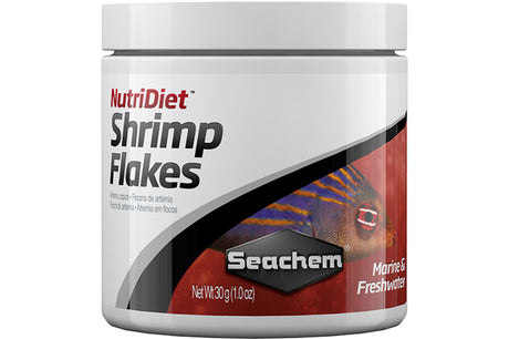 Premium shrimp flakes for fish; high protein, vitamins, and probiotics for health and color enhancement. 30g pack.