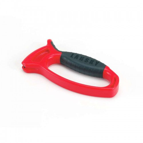 Lansky Quick Edge knife sharpener with ergonomic grip, safety thumb rest, and lanyard hole for easy portability and use.