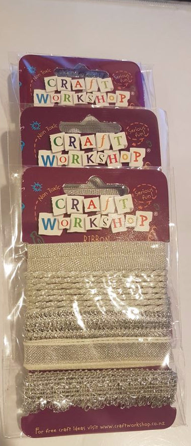 Set of 20m silver craft ribbons in 4 packets, each featuring 5 unique 1m ribbons for elegant DIY projects.