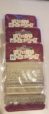Set of 20m silver craft ribbons in 4 packets, each featuring 5 unique 1m ribbons for elegant DIY projects.