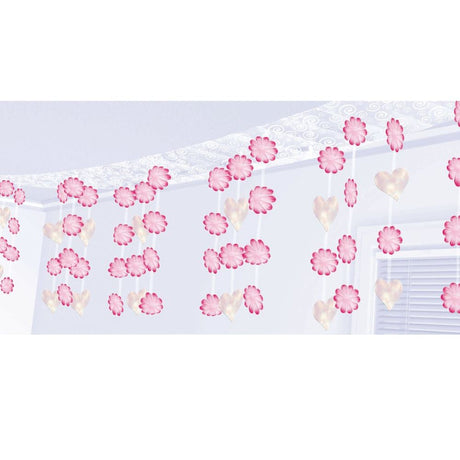 Hearts & Flowers Ceiling Decoration with iridescent hearts and pink flowers, perfect for weddings and celebrations.