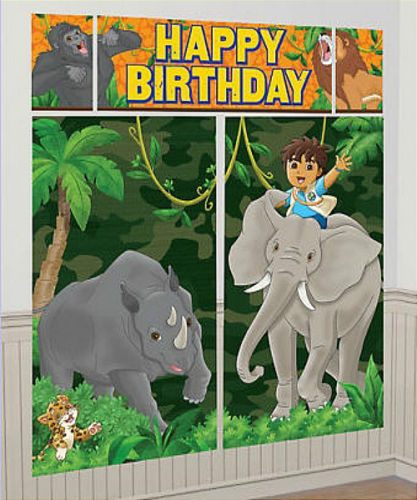 Go Diego Go Wall Decorating Kit featuring vibrant decorations, a banner, and cutouts, perfect for parties or bedroom decor.