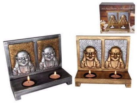 Elegant gold Happy Buddha candle holder with two tea lights, crafted from durable polyresin and wood, perfect for home decor.