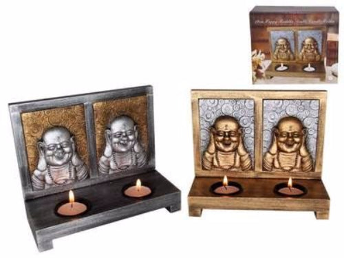 Elegant gold Happy Buddha candle holder with two tea lights, crafted from durable polyresin and wood, perfect for home decor.