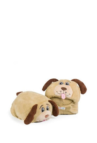 Dexter the Dog, a plush companion that transitions from cuddly toy to cozy blanket, perfect for kids' adventures and snuggles.