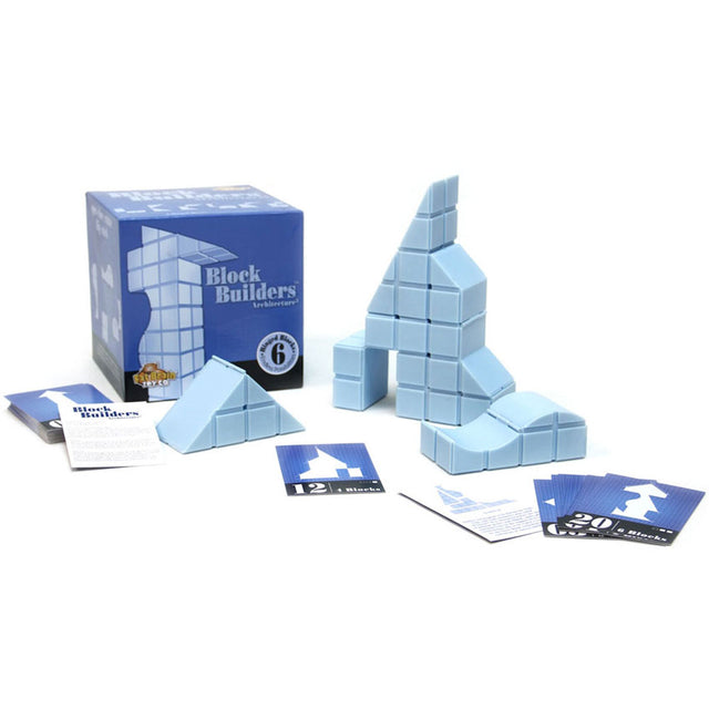 Colorful set of 6 uniquely hinged cubes for creative building, solving puzzles, and exploring architecture; ages 5+.