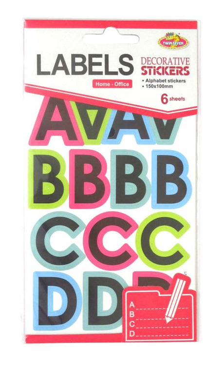 Vibrant alphabet stickers in bold colors for creative labeling and organization in stationery, crafts, and office supplies.