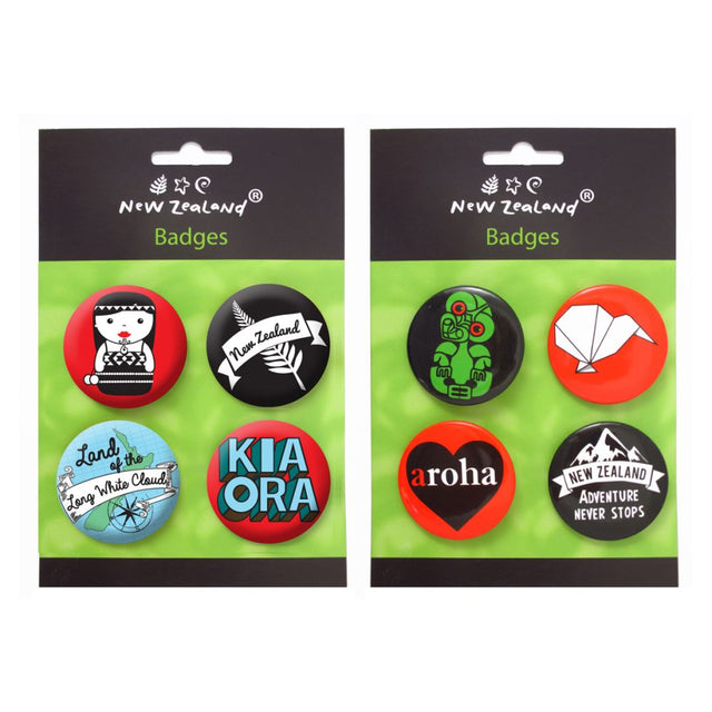 Assorted New Zealand badges set featuring four unique designs, perfect for gifts and personal accessories.