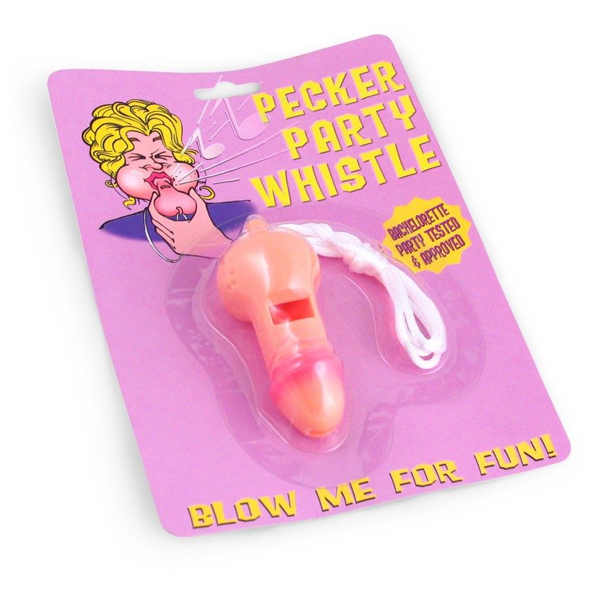 Two novelty penis-shaped whistles with white cords, perfect for bachelorette parties and girls' nights out.