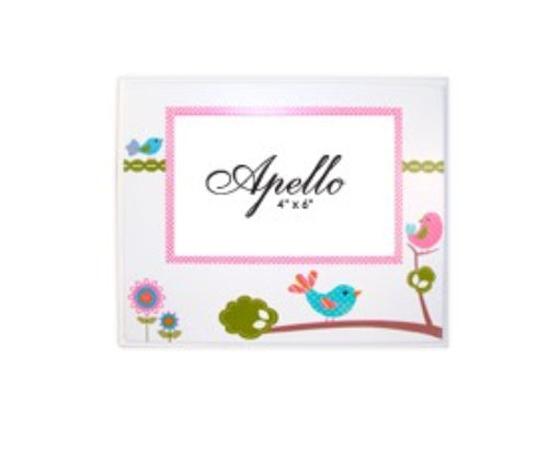Pink and blue bird-themed photo frame designed for 6x4 photos, ideal for children’s rooms and nurseries.