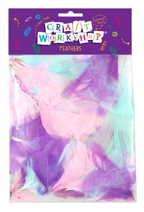 Pastel craft feathers in pink, blue, yellow, and mint green, perfect for DIY projects and enhancing creativity.