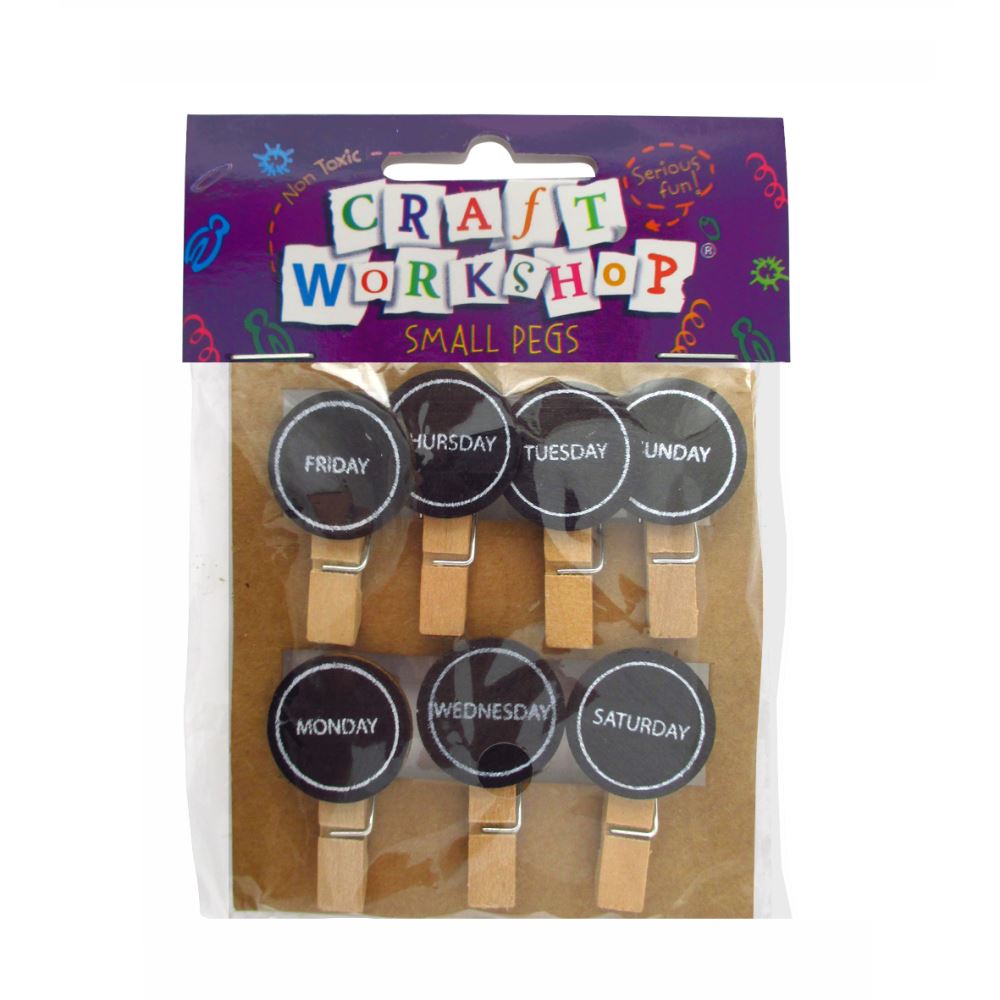 Colorful craft pegs labeled with days of the week, ideal for organizing tasks and enhancing DIY projects.