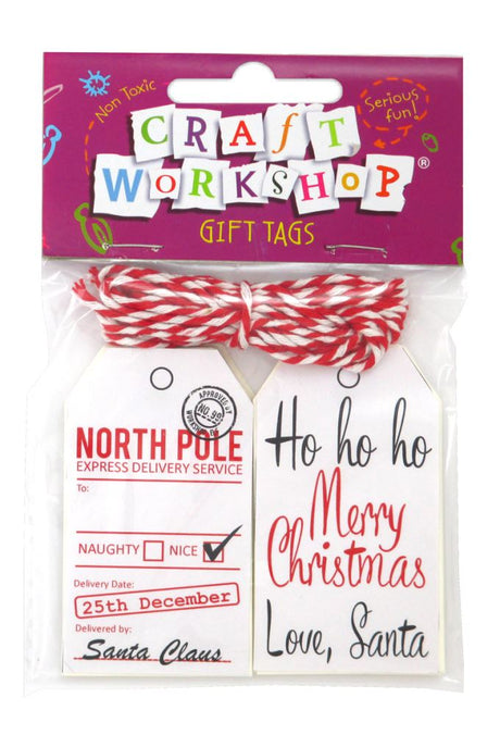 Whimsical Santa-themed craft gift tags with string, eco-friendly, perfect for holiday gift wrapping and DIY projects.