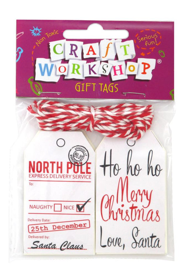Whimsical Santa-themed craft gift tags with string, eco-friendly, perfect for holiday gift wrapping and DIY projects.