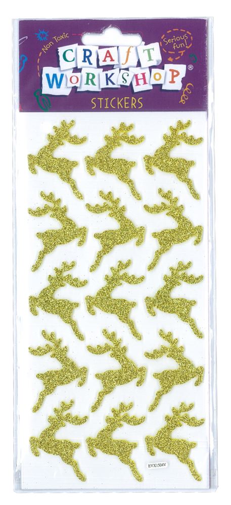 Festive gold reindeer soft stickers perfect for holiday crafts, decoration, and DIY projects for all ages.