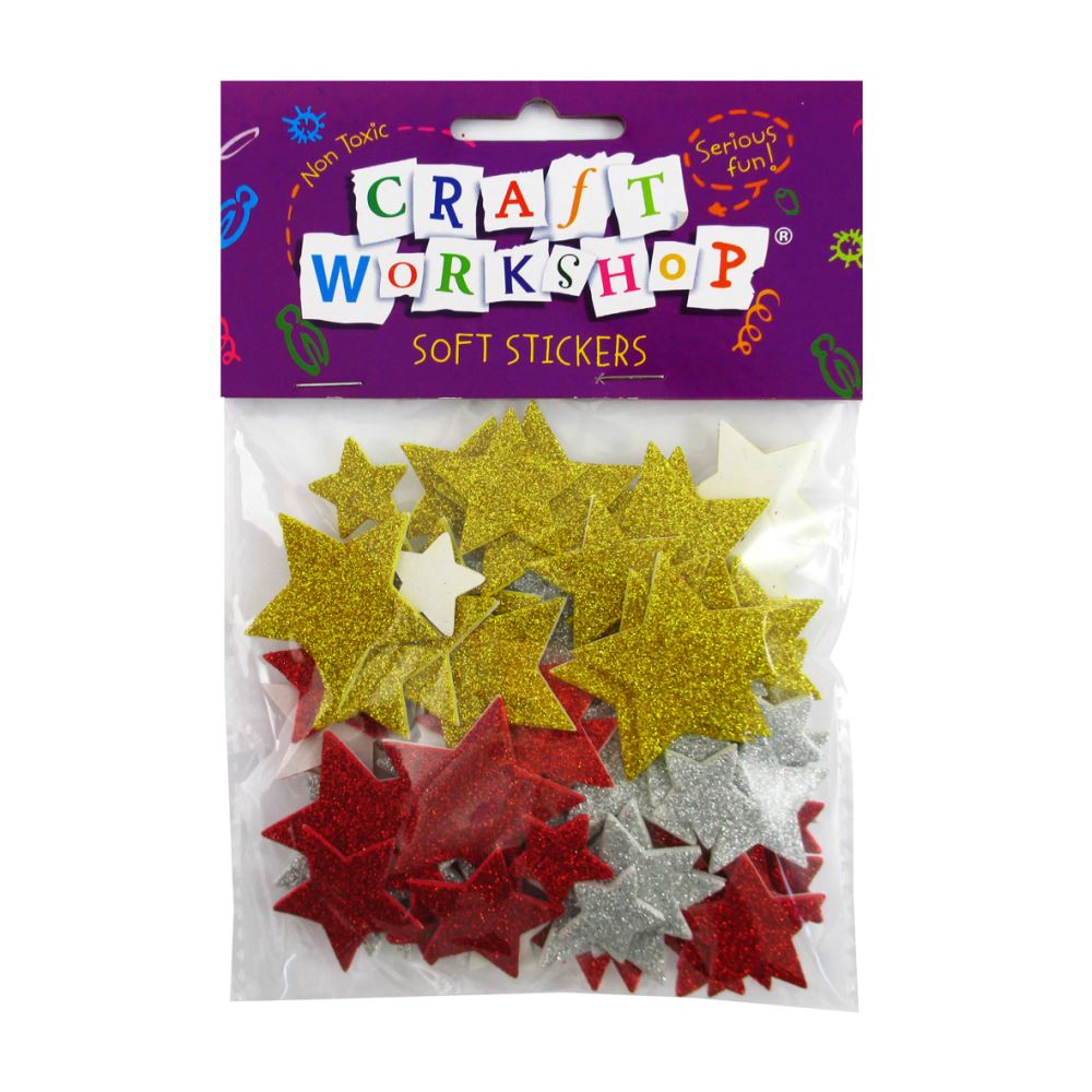 Vibrant 80-piece pack of adhesive soft star stickers in 3 colors, perfect for crafts and DIY projects.