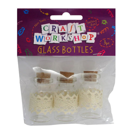 Mini glass bottles adorned with lace, perfect for DIY crafts, decor, and storing small treasures; 4cm in size.