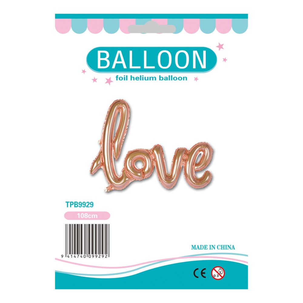 Rose gold 'Love' foil balloon, perfect for weddings and celebrations, adds elegance and glamour to any event decor.