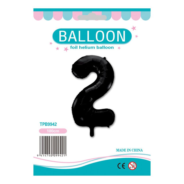 Black foil number '2' balloon, 34 inches tall, ideal for birthdays and anniversaries, adds stylish flair to celebrations.