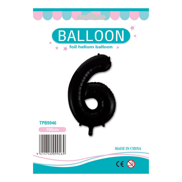 Black foil number '6' balloon, ideal for birthdays and celebrations, featuring a shiny finish and premium quality.