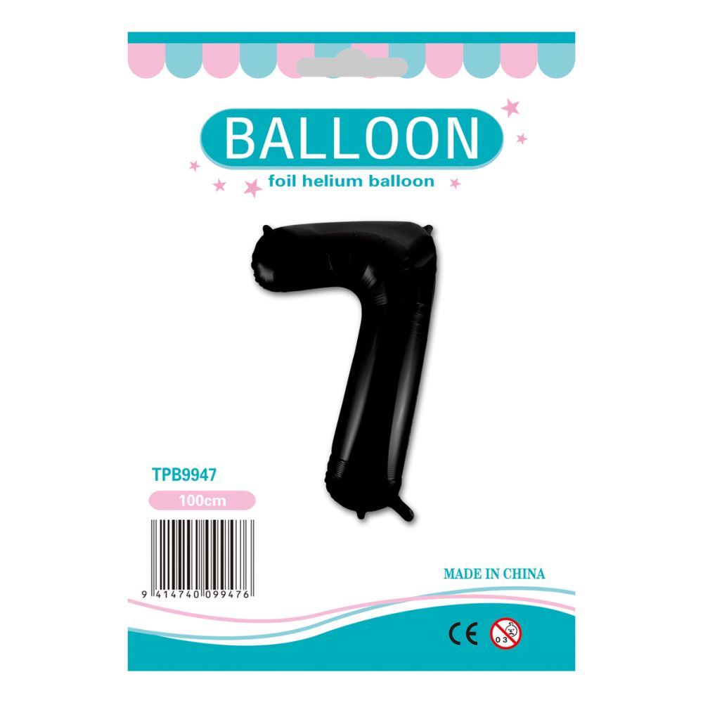 Black foil number '7' balloon, perfect for parties and celebrations, with a sleek finish for elegant decor.