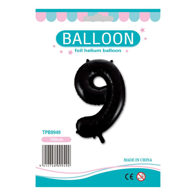 Black foil number '9' balloon, perfect for celebrations, crafted from premium quality foil for durability and style.