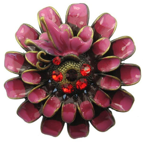 Stunning flower brooch with red diamantes, 5cm wide, perfect for adding elegance to outfits or as a thoughtful gift.