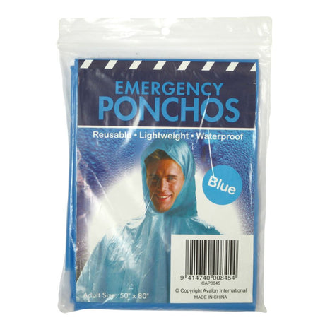 Lightweight blue emergency poncho offering waterproof protection for outdoor activities and instant storm readiness.