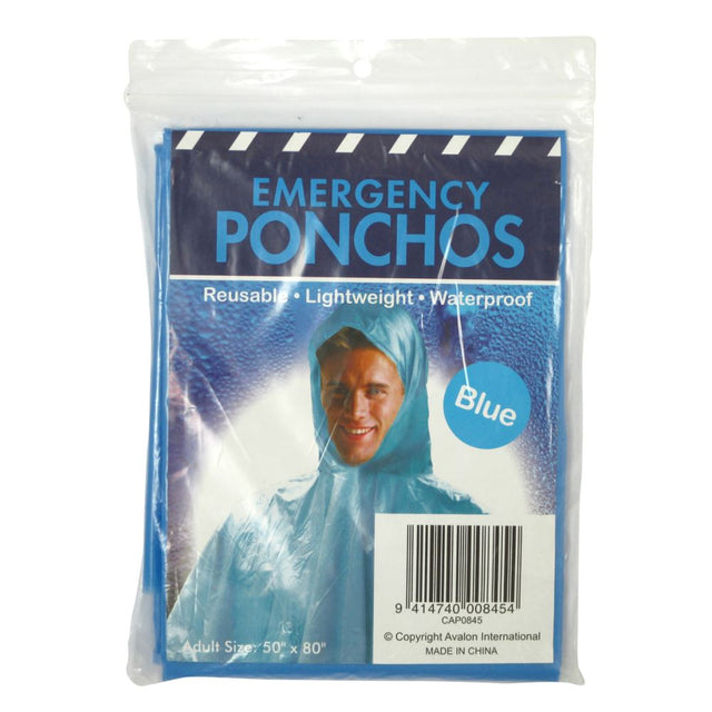 Lightweight blue emergency poncho offering waterproof protection for outdoor activities and instant storm readiness.