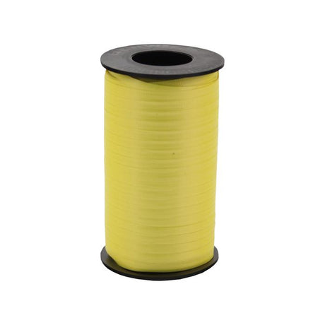 Vibrant yellow curling ribbon roll, 450m long and 5mm wide, perfect for gift wrapping and party decorations.