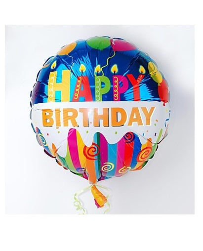Four colorful 'Happy Birthday' foil balloons, each 45cm, perfect for indoor or outdoor celebrations.