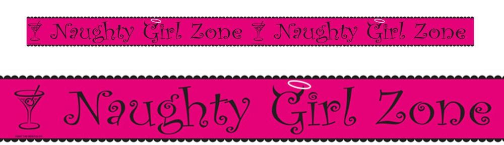Vibrant hot pink, white, and black 'Naughty Girl Zone' party tape for festive bachelorette party decor, 20 feet long.