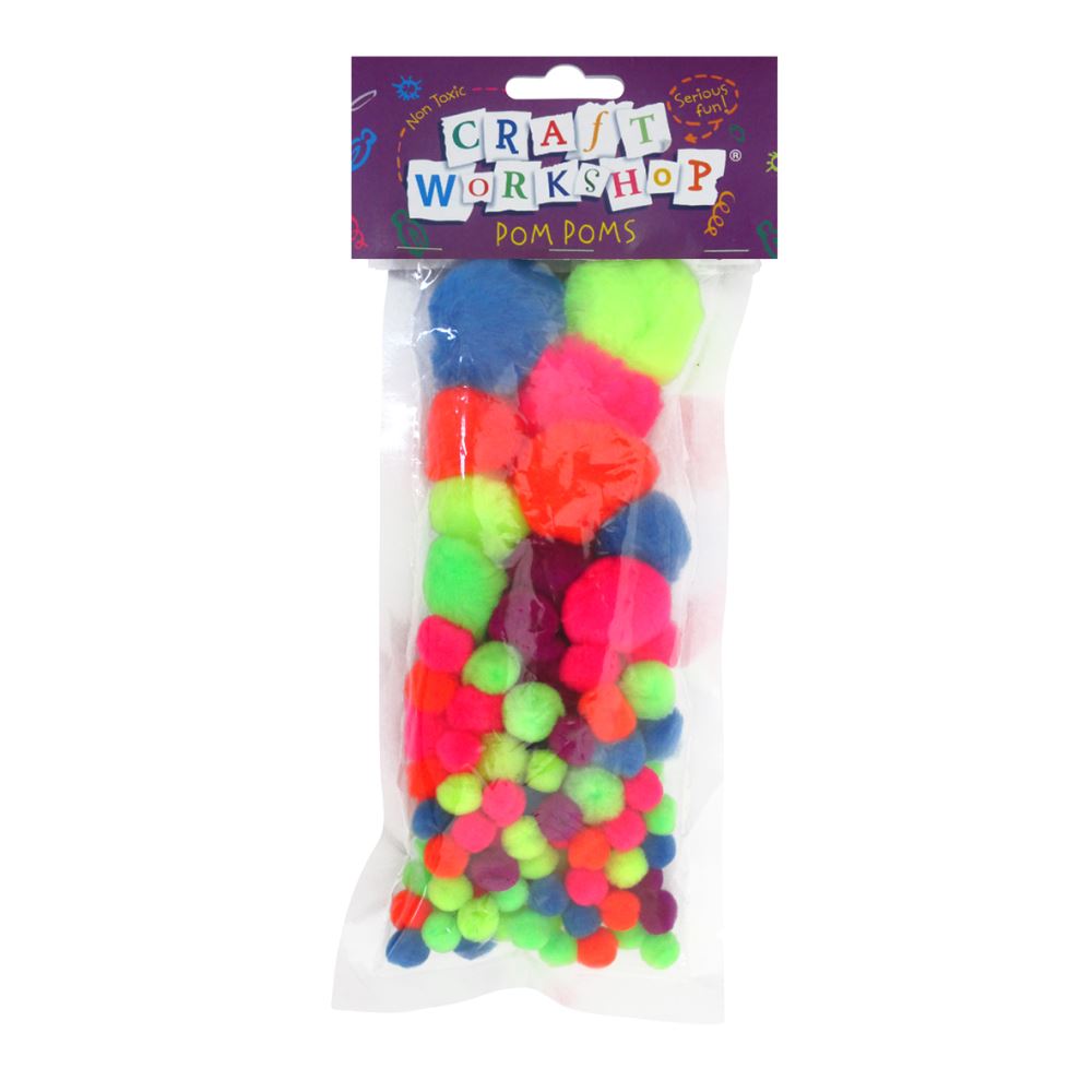 Vibrant 100pc neon craft pom poms in assorted colors and sizes, perfect for creative projects and adding fun embellishments.